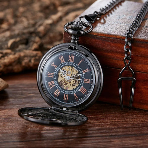 Retro floral print automatic mechanical pocket watch with transparent case back on alloy strap.
