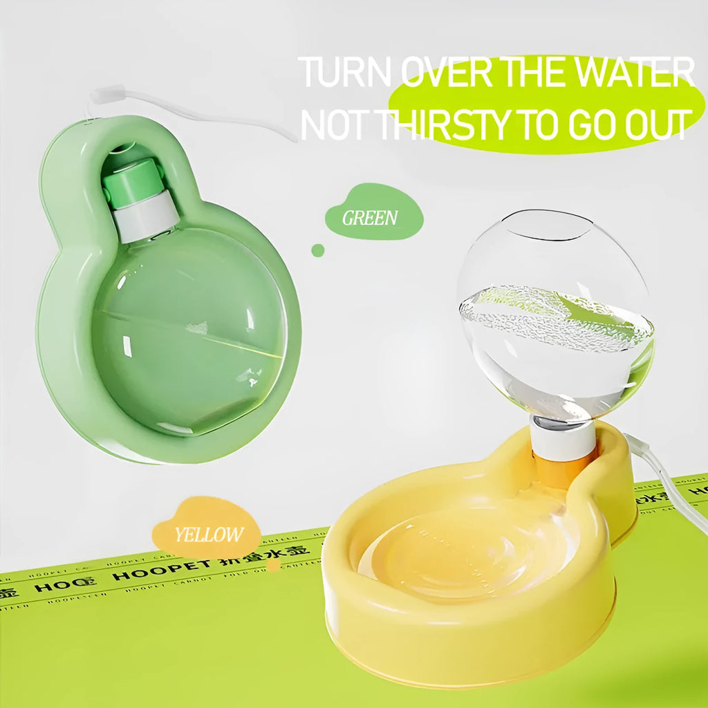 Green and orange portable dog water bottle with pull-out drinking bowl, shown next to a backpack for scale.