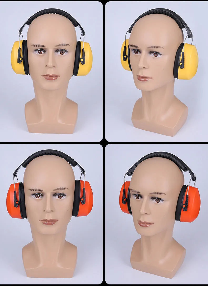 Orange adjustable noise-cancelling headphones and protective earmuffs with a soft headband.