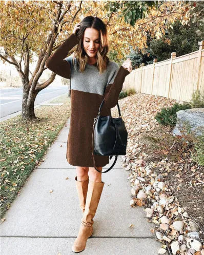 Brown women's loose-fitting patchwork skirt dress with long sleeves and round neckline