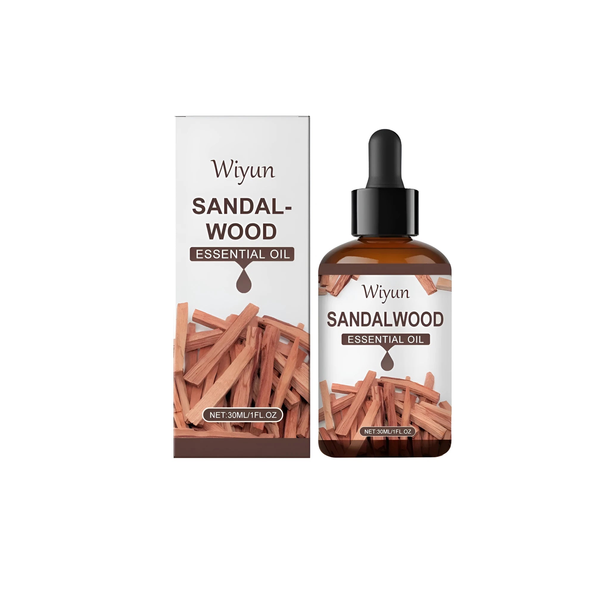 30ml glass bottle of sandalwood essential oil fragrance blend with a dropper.
