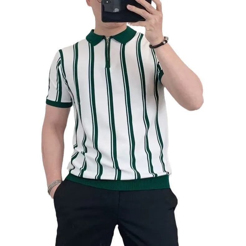 Men's black Korean style vintage stripe T-shirt with zipper half sleeves and cartoon pattern