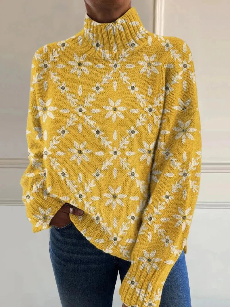 Women's loose-fit Christmas printed turtleneck sweater in polyester with turtleneck collar and long sleeves