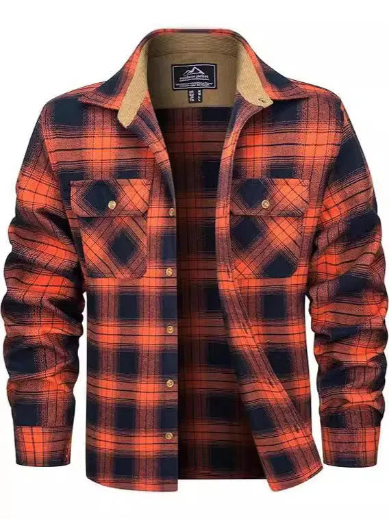 Men's plaid flannel casual button shirt in orange colour on a hanger.