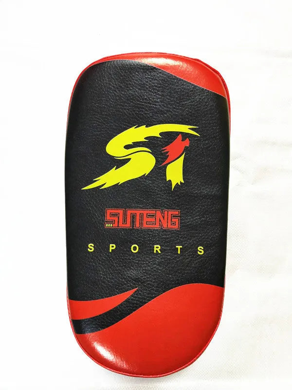 Black with red edges square martial arts hand target pad with a buckle strap.