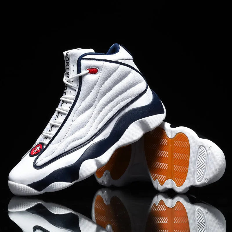 Men's high-top basketball shoes with mesh upper and thick rubber sole in AJ13 colour options