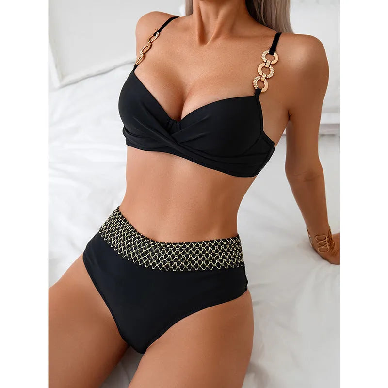 Black women's two-piece bikini swimsuit with a sleeveless top and split briefs.