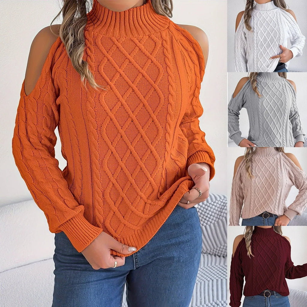 Grey strapless women's sweater with a twist pattern, half-high collar, and long lantern sleeves.