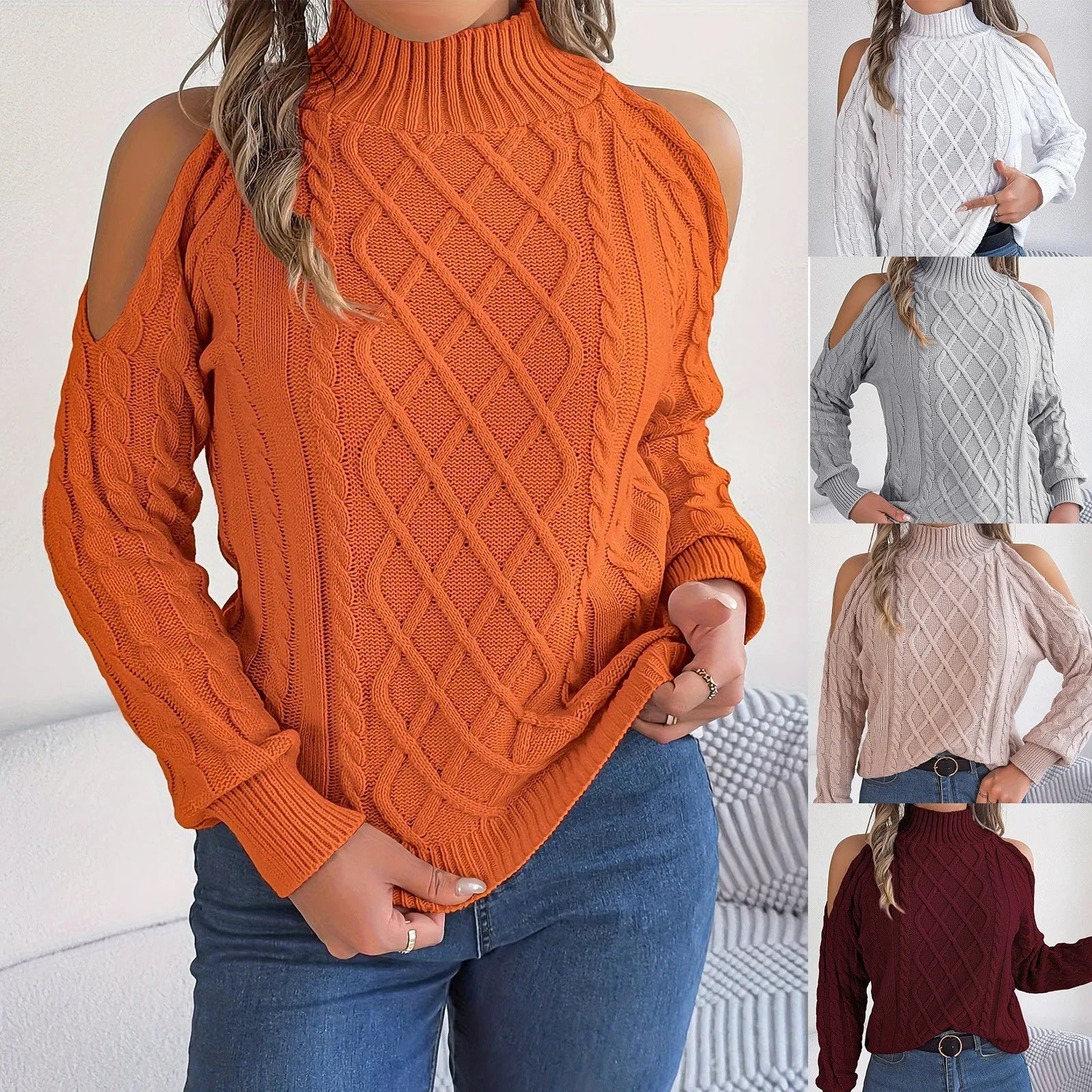Grey strapless women's sweater with a twist pattern, half-high collar, and long lantern sleeves.