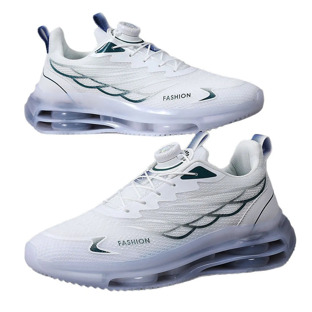 White men's casual sports shoes with rotating button lace system and mesh upper