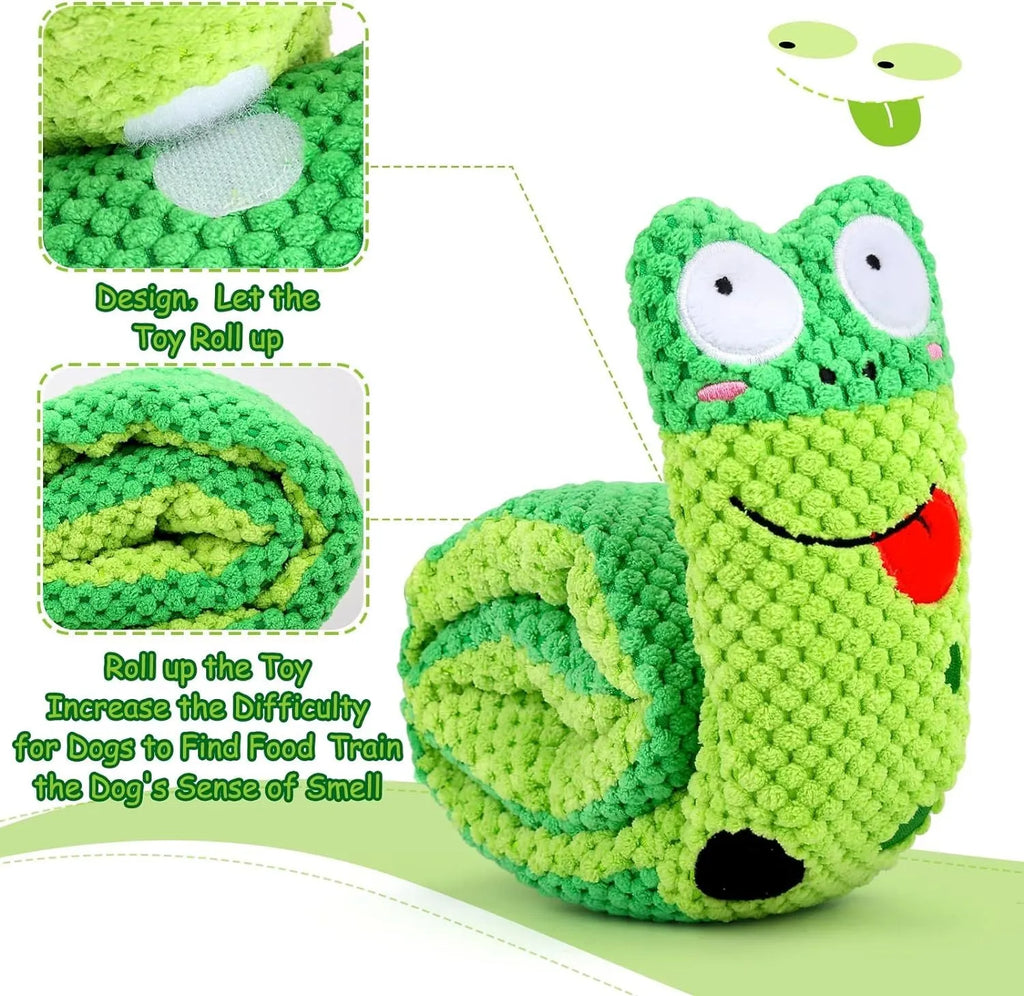 Convertible squeak dog toy in snail shape with hidden food holes for foraging training