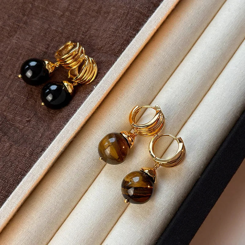 Maillard tigereye geometric earrings with real gold plating in French retro style