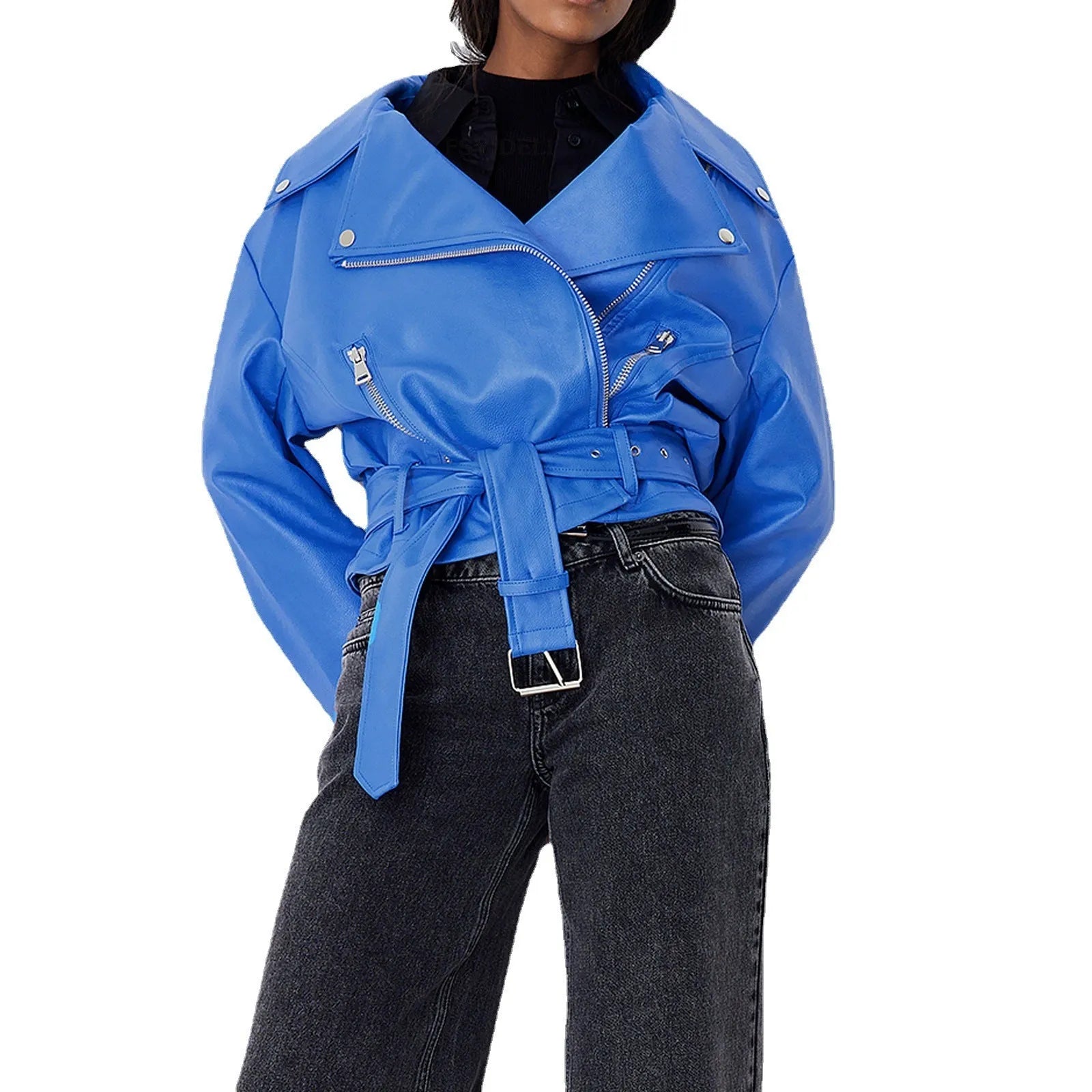 Black punk jacket with locomotive-style lapel and Peter Pan collar
