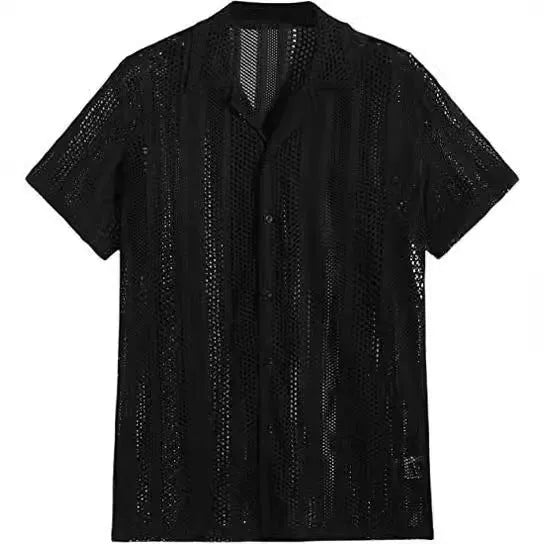 Man wearing a black knitted short-sleeved button shirt cardigan with a jacquard texture.