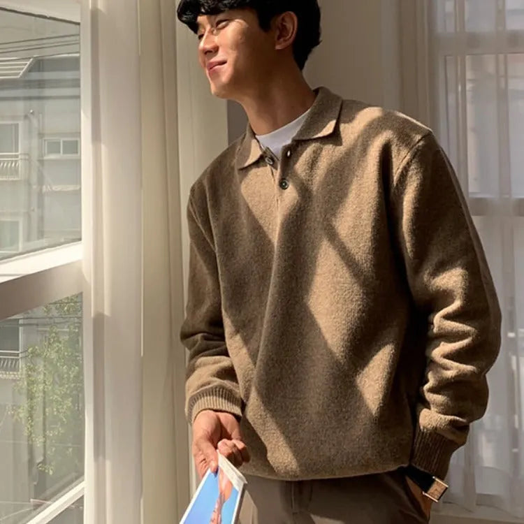 Men's loose lapel polo sweater in beige, polyester long sleeve pullover, available in multiple sizes