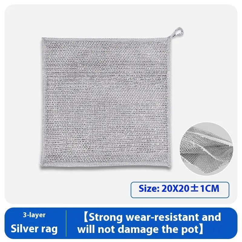 Microfiber kitchen cleaning cloth for pots and bowls in silver wire or composite construction