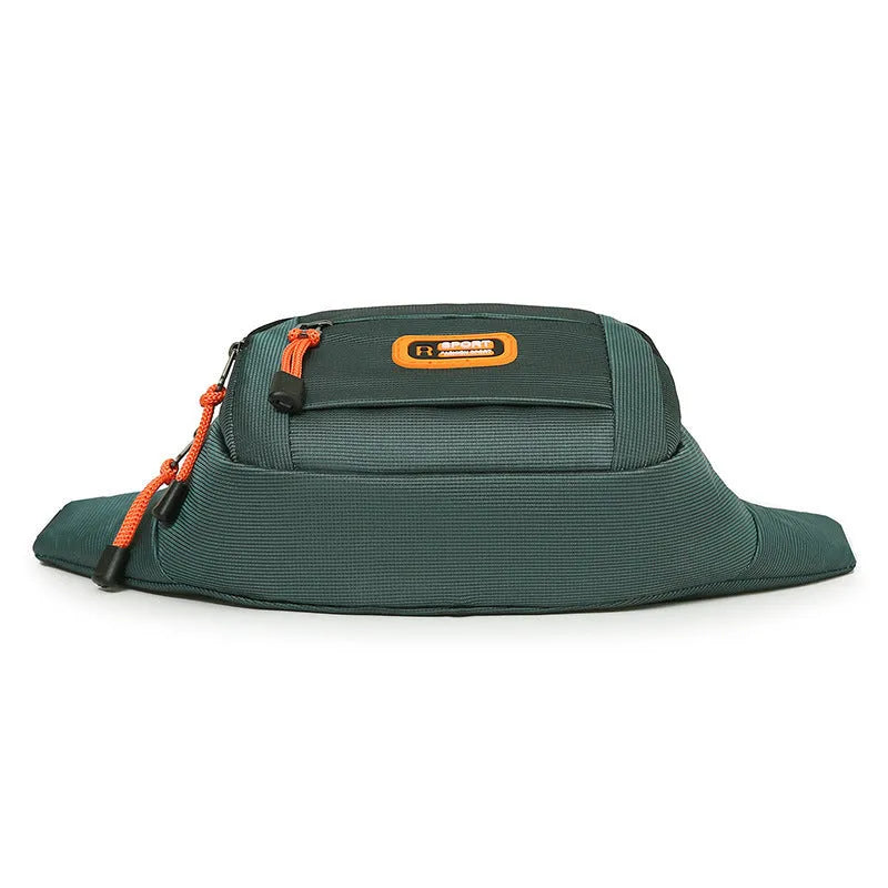 Large black slanted chest bag with a strap, showing its water resistant nylon construction.