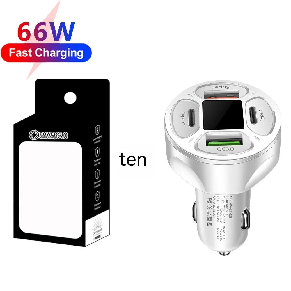 66W car charger with digital display showing dual USB and dual Type-C ports