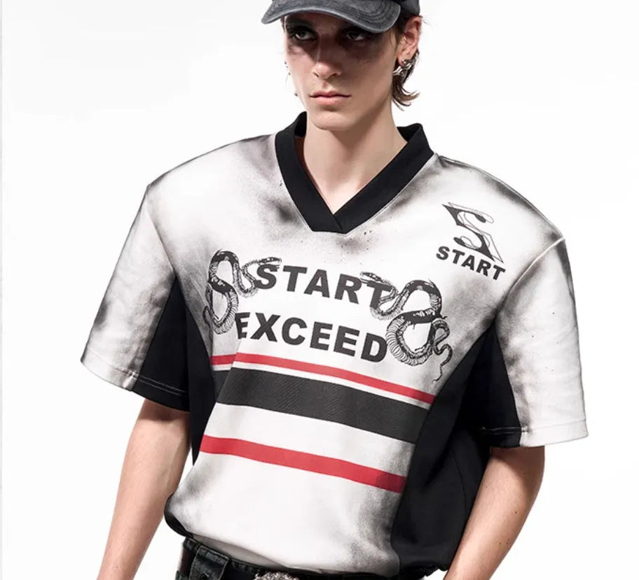 Women's V-neck short sleeve top with printed letter snake pattern and padded shoulders in Korean style.