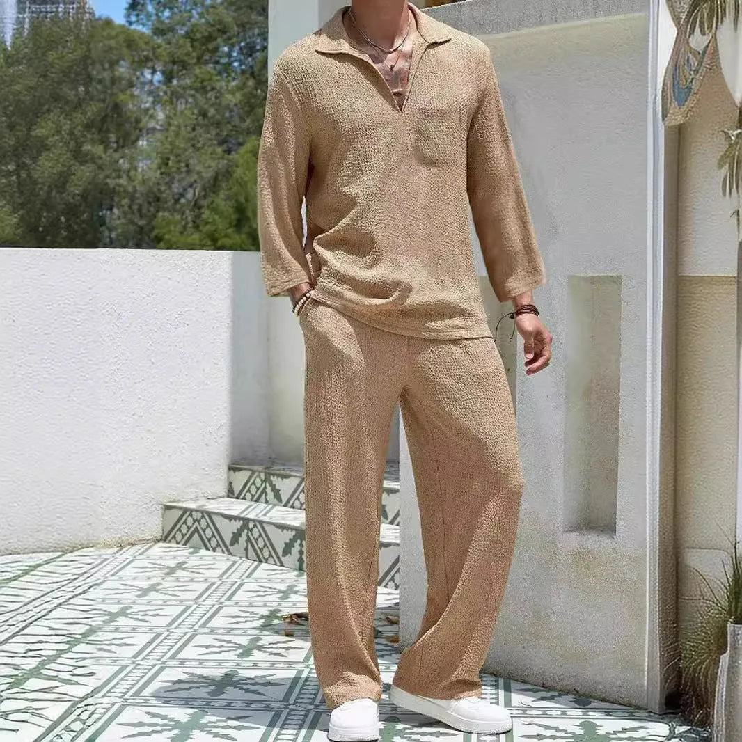 Men's casual shirt and trouser suit in polyester, shown in lake blue, for commuting and leisure wear.
