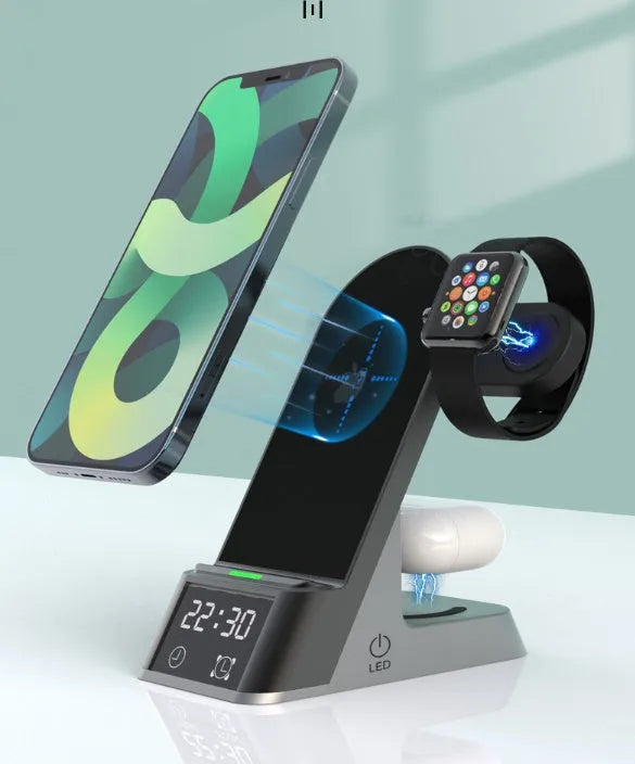 Black six-in-one wireless charging alarm clock with Apple Watch charging pad and USB port