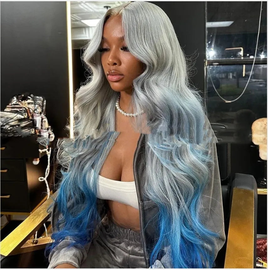 Grey blue gradient colour human hair lace front wig with 4x4 hand-tied lace, shown in ruili style.