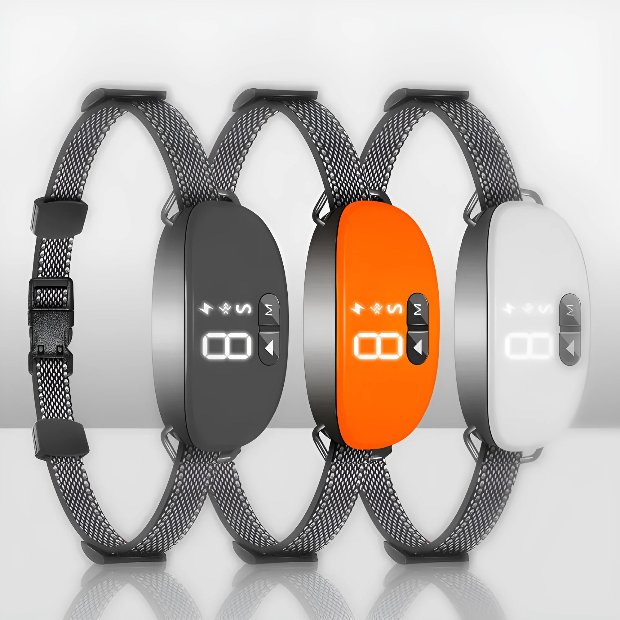 Bark Stopper plastic dog collar in black, orange, and white for barking prevention
