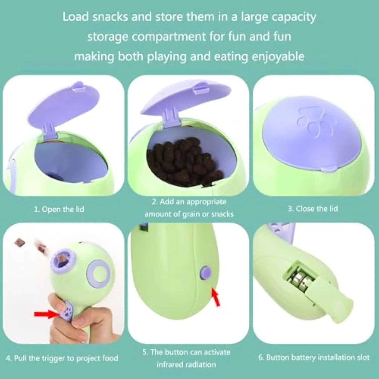 Green dog treat launcher toy measuring 15.5 cm long for interactive play and treat dispensing