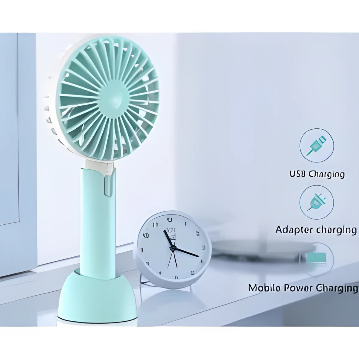 Blue mini handheld USB electric fan with three-speed control on a desk
