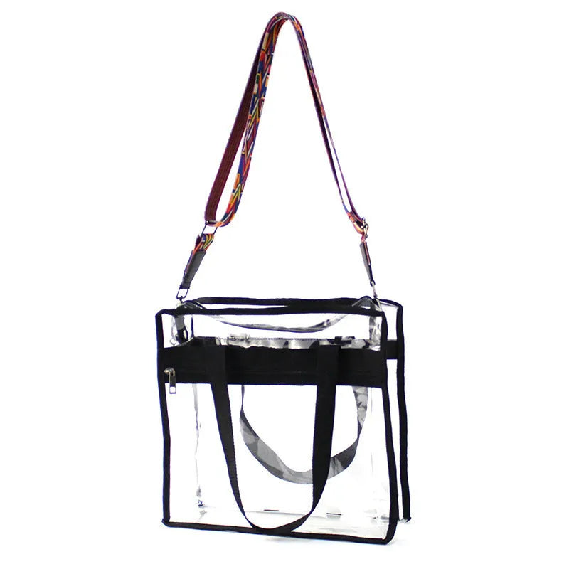 Women's transparent PVC messenger bag with crossbody strap and three-dimensional front pocket.