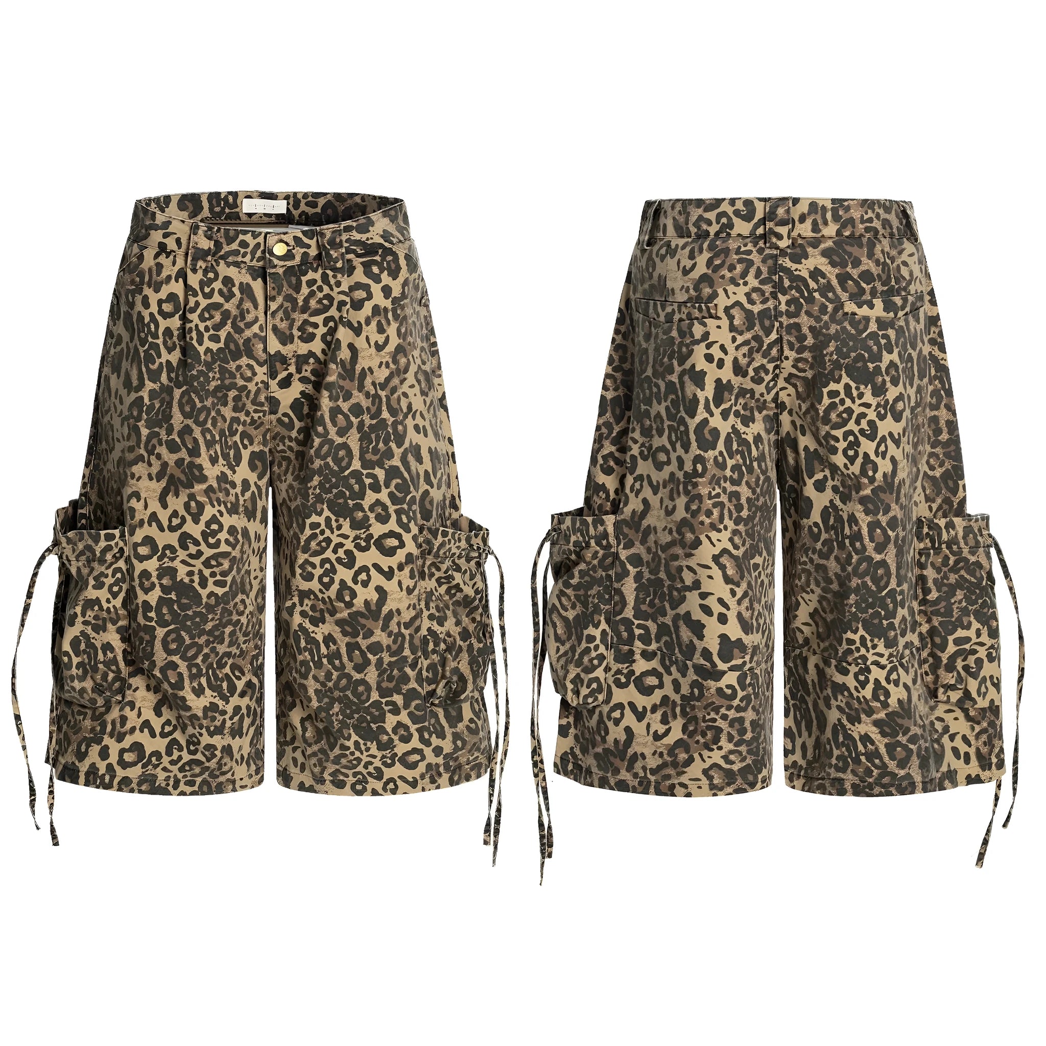 Leopard print cropped straight-leg trousers with high waist and button-front opening