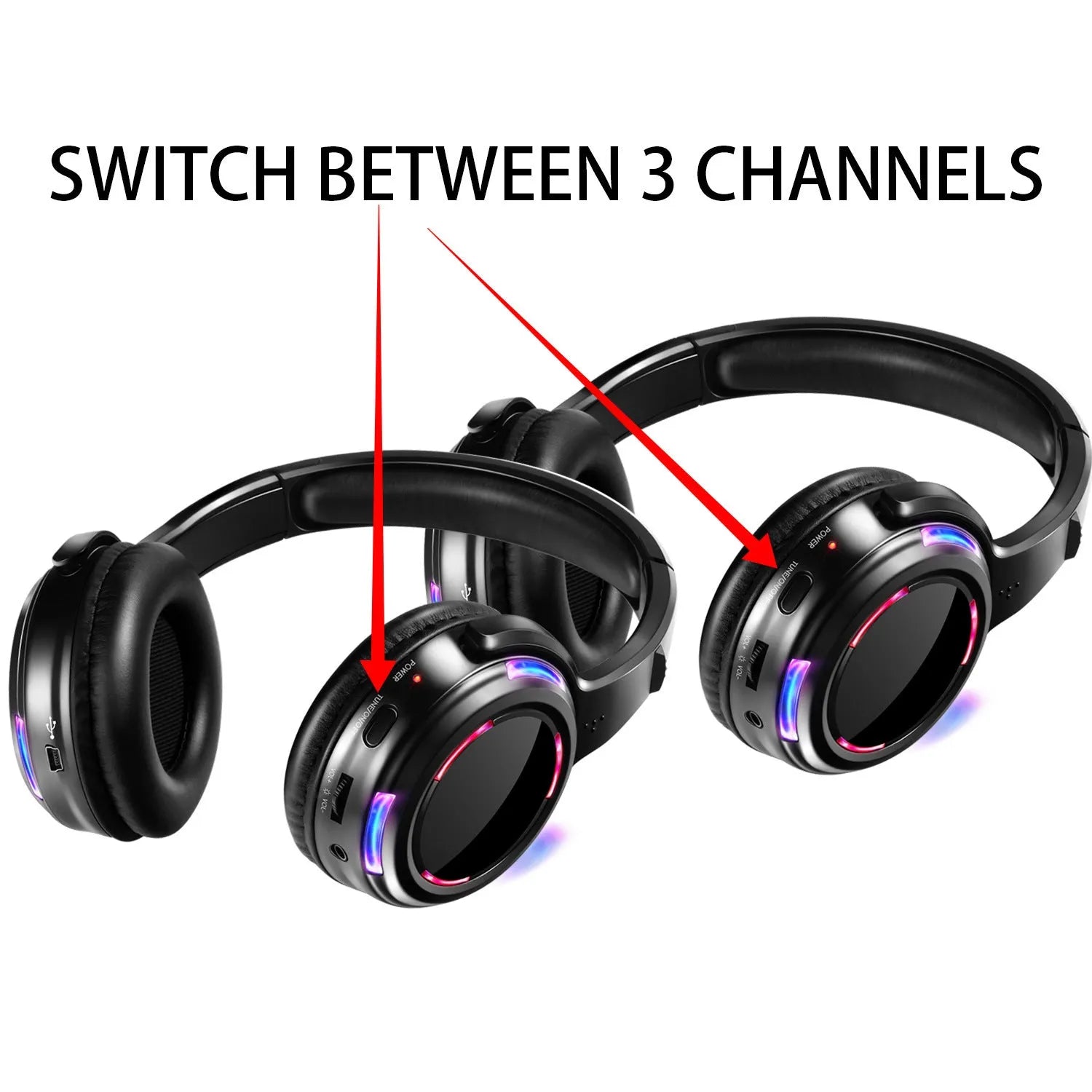 Black silent disco wireless headphones with 40mm speakers and 3 metre cable for silent party events