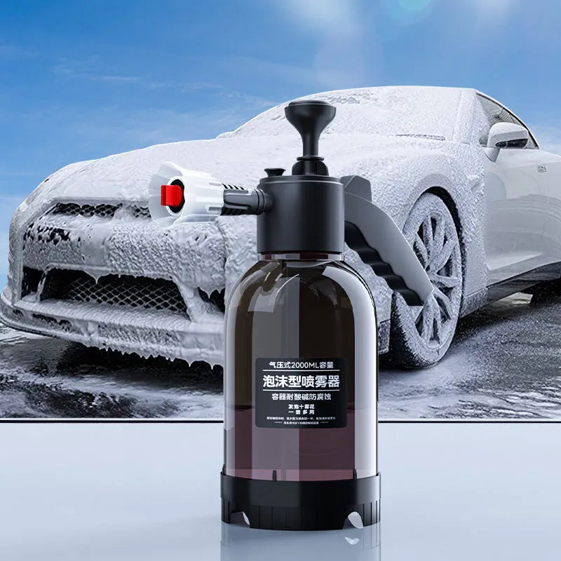 Black hand-held foam sprayer with 2 litre capacity for garden watering and car washing