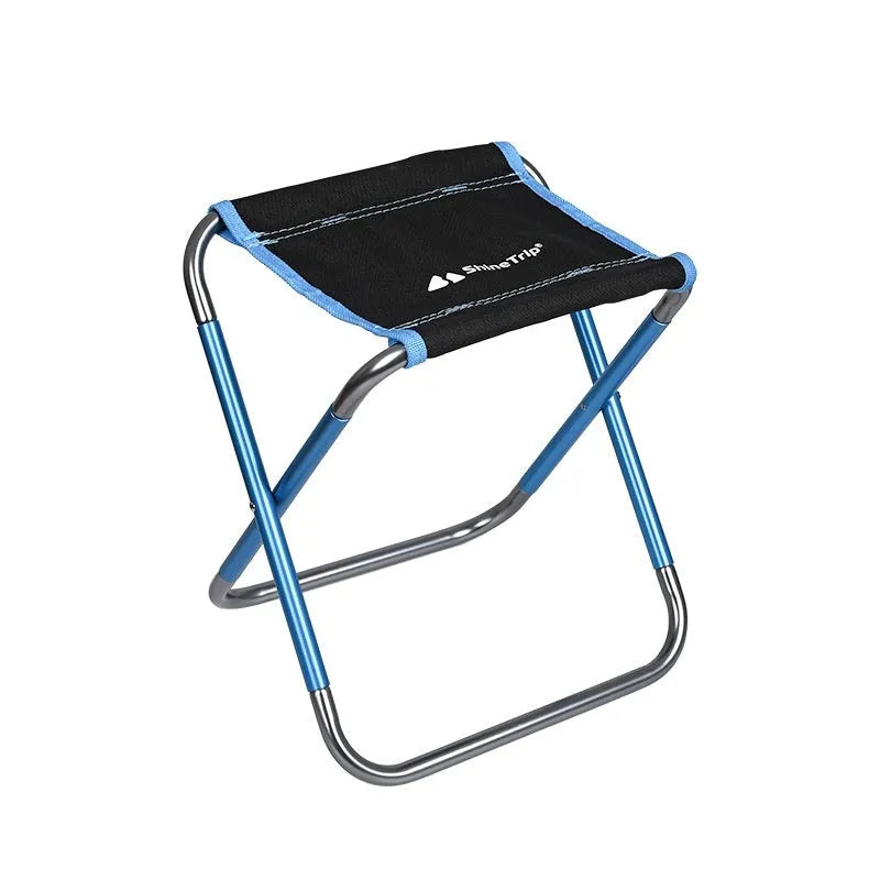 Black aluminium alloy folding camping stool shown in folded and unfolded positions.