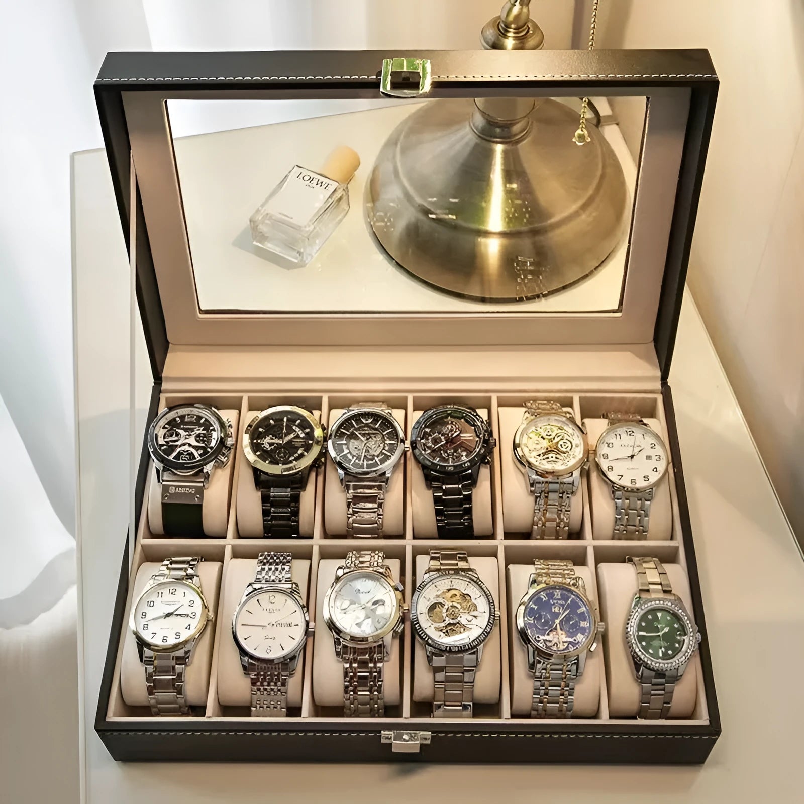 Grey high-grade leather watch storage box with clear dustproof lid showing multiple watch slots inside.