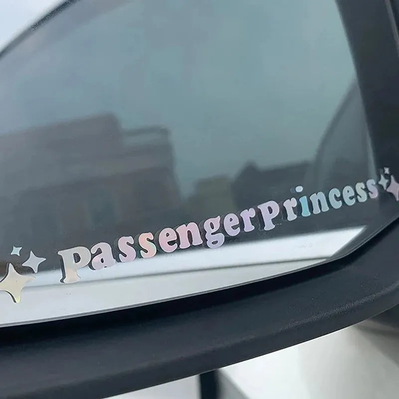 Passenger Princess decorative car mirror sticker in reflective colours, 12.5 cm size.