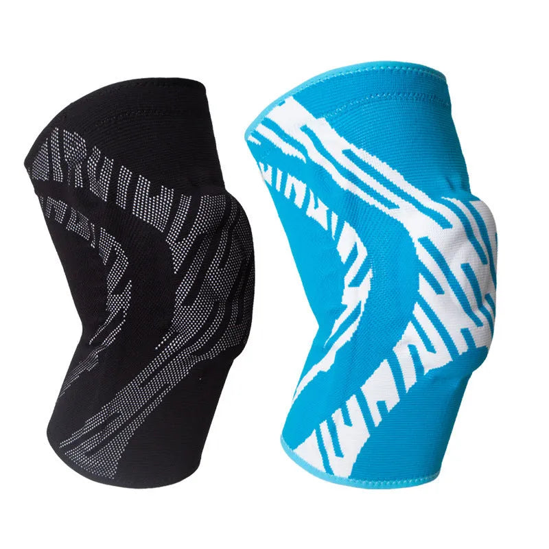 A black pressurised nylon knee pad for men's basketball, shown laid flat.