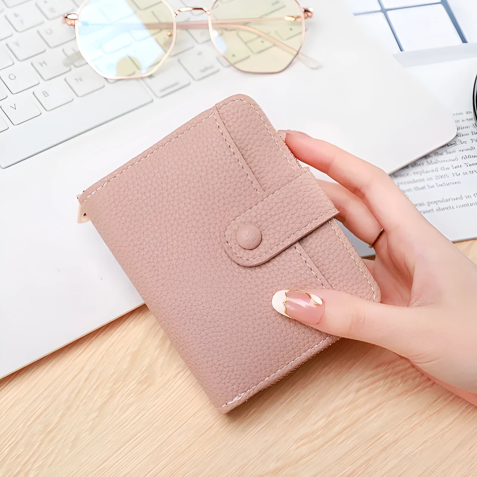 Ladies' short wallet with lychee pattern in beige, pink, black, and red colour options