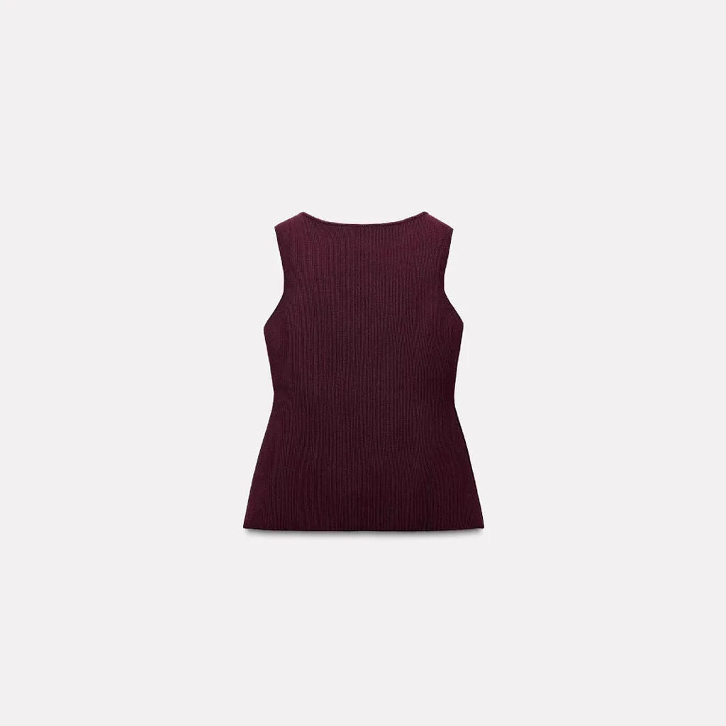 Dark red slim fit women's sleeveless sweater vest with 3D pattern detail and cardigan open front