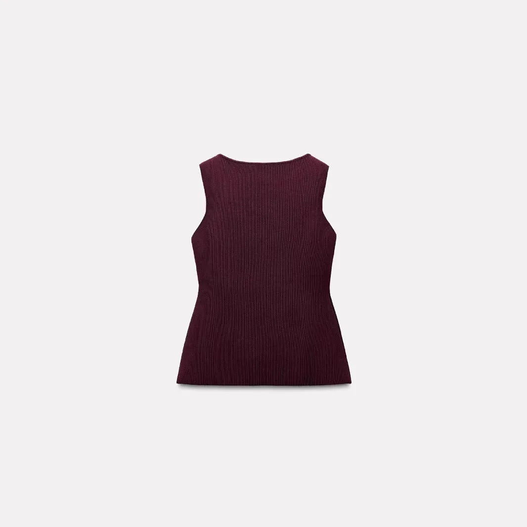 Dark red slim fit women's sleeveless sweater vest with 3D pattern detail and cardigan open front