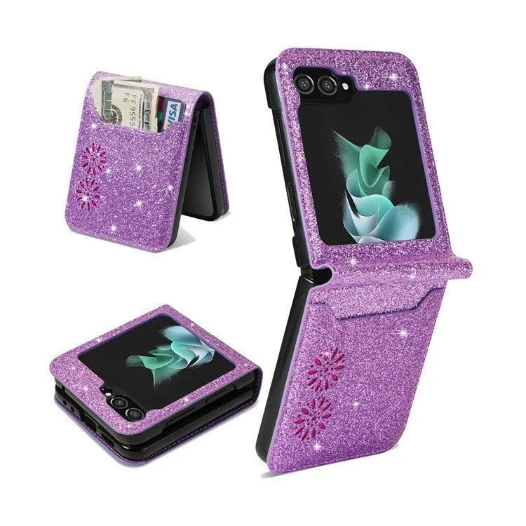 Folding phone case with retro patchwork pattern and card slots for Samsung Z Flip 3 4 5 6