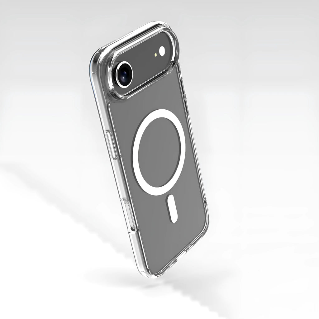 Transparent magnetic phone case for iPhone 17 series showing clear TPU construction and integrated magnets.
