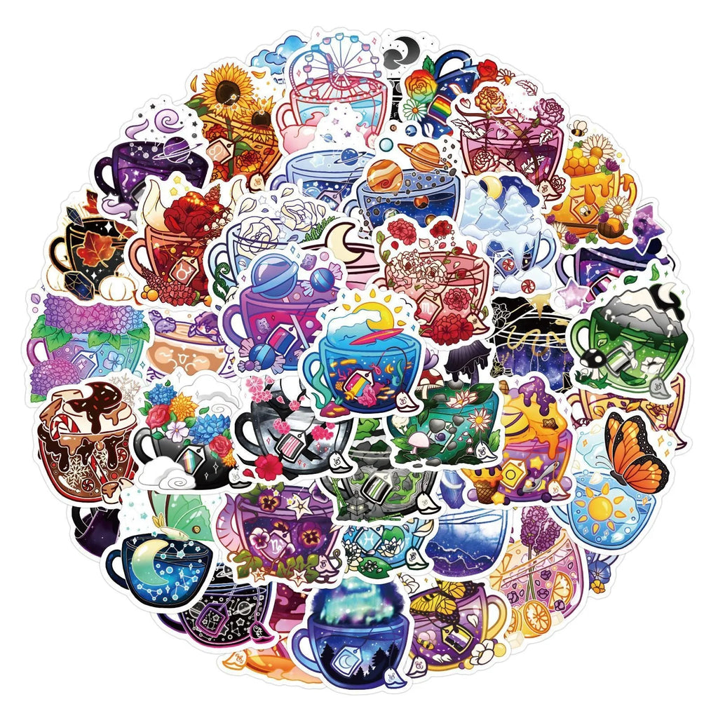 Waterproof colourful tea cup graffiti stickers set of 50 pieces for luggage and sports gear customisation
