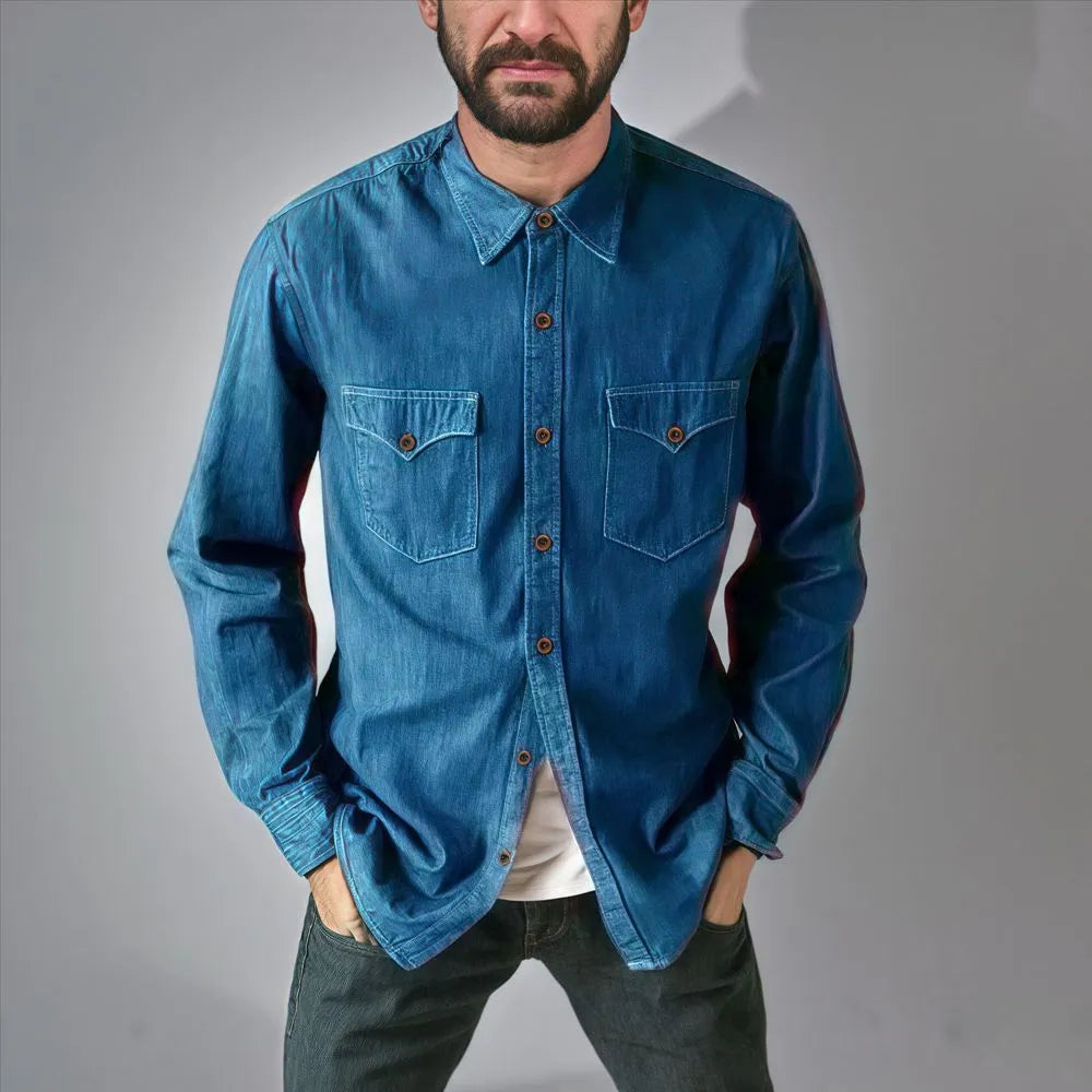 A cotton denim cardigan coat in a regular fit, shown on a hanger.