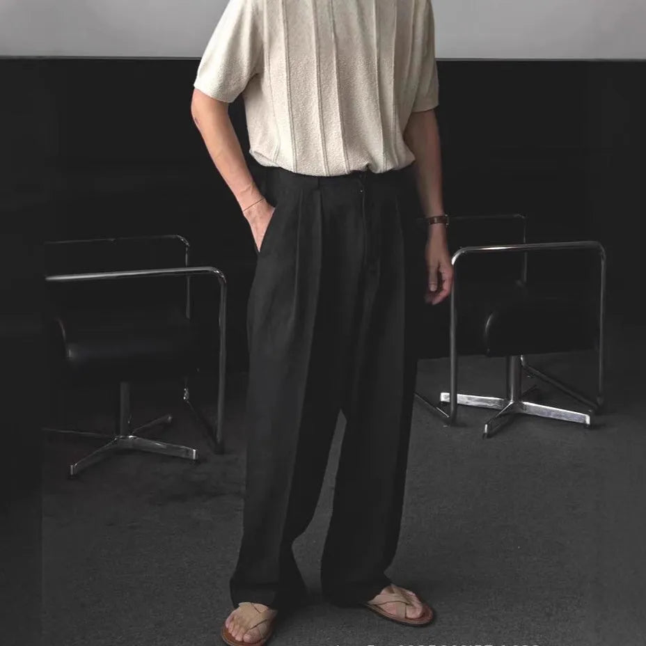 Men's lightweight cotton linen blend trousers in a loose fit, shown in apricot, army green, and purplish blue colours.