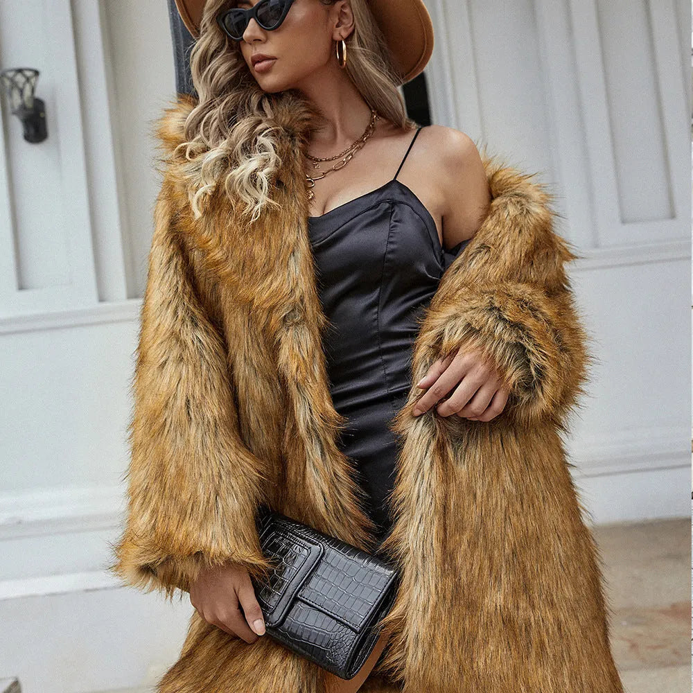 Women's yellow artificial fur coat with 80cm length and loose casual fit