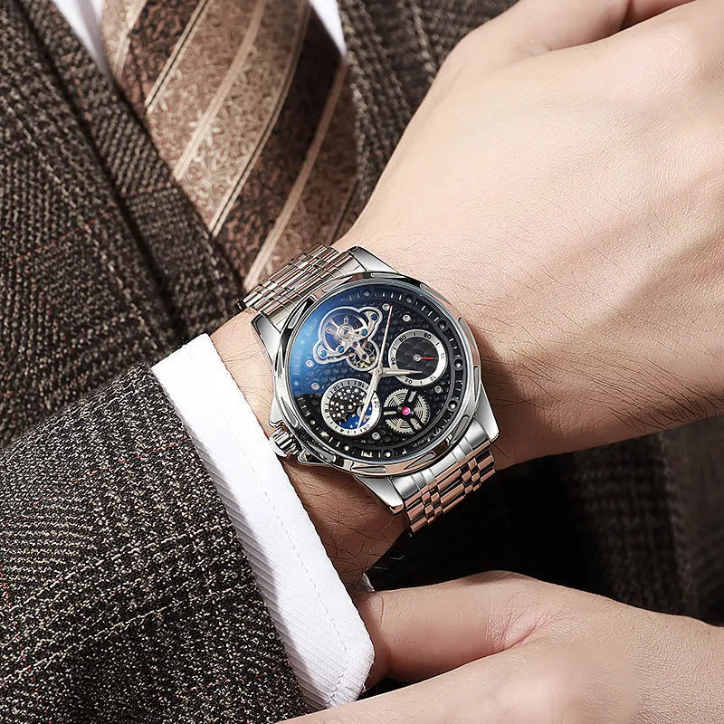 Men's waterproof automatic watch with luminous hands on steel bracelet, black dial, 13mm thick