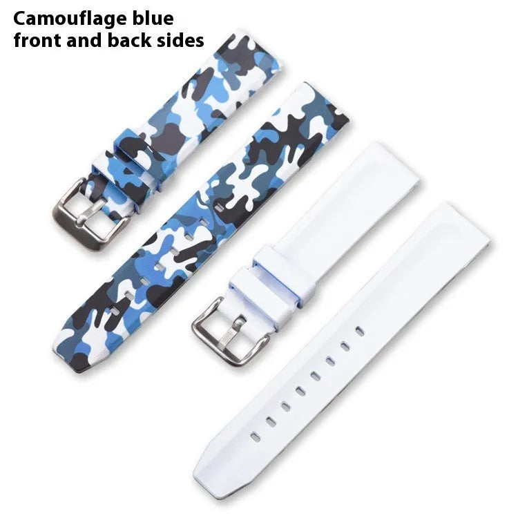 Green camouflage silicone watch strap showing adjustable buckle and 20mm width.