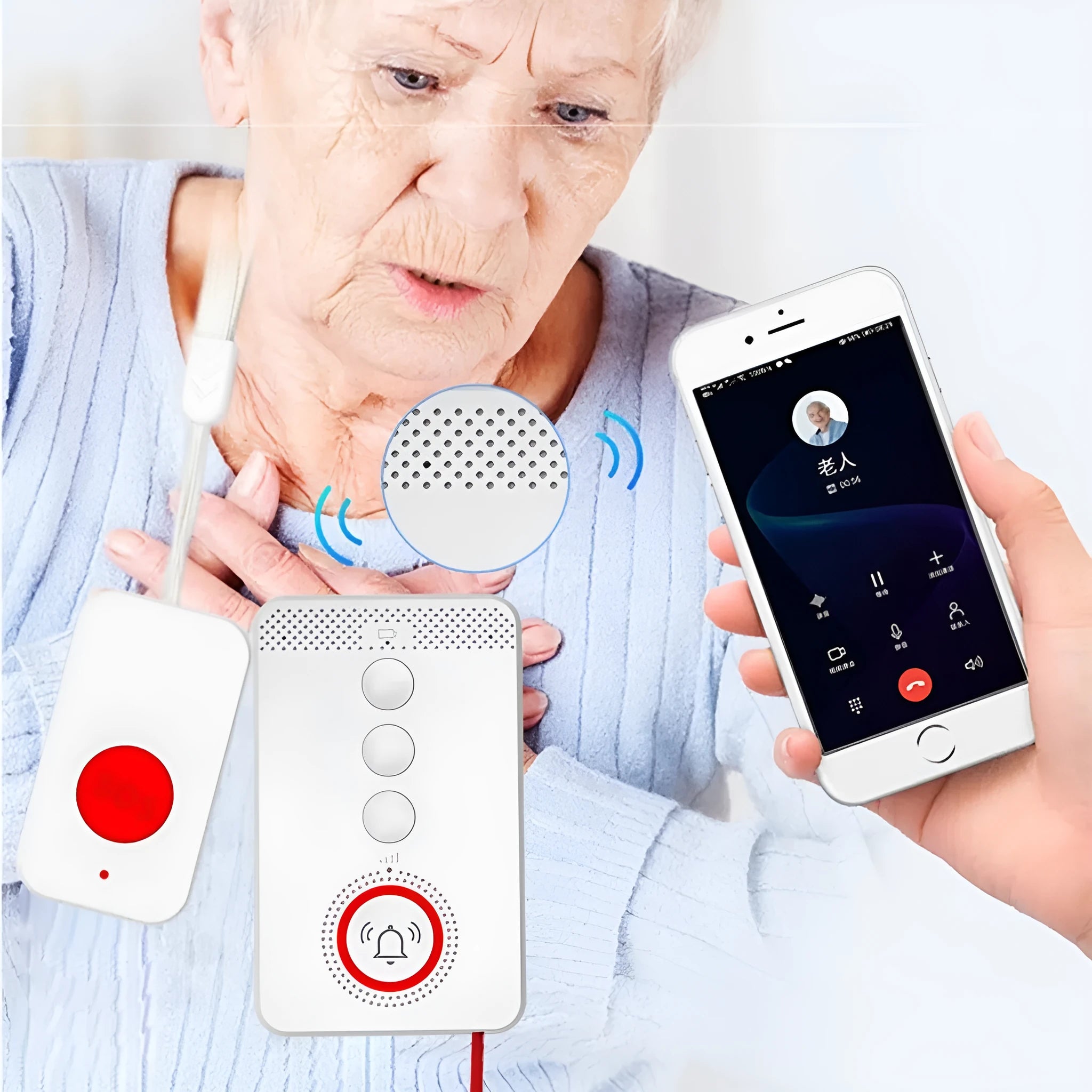 White emergency alert system with one buzzer unit and three wireless call buttons for elderly care
