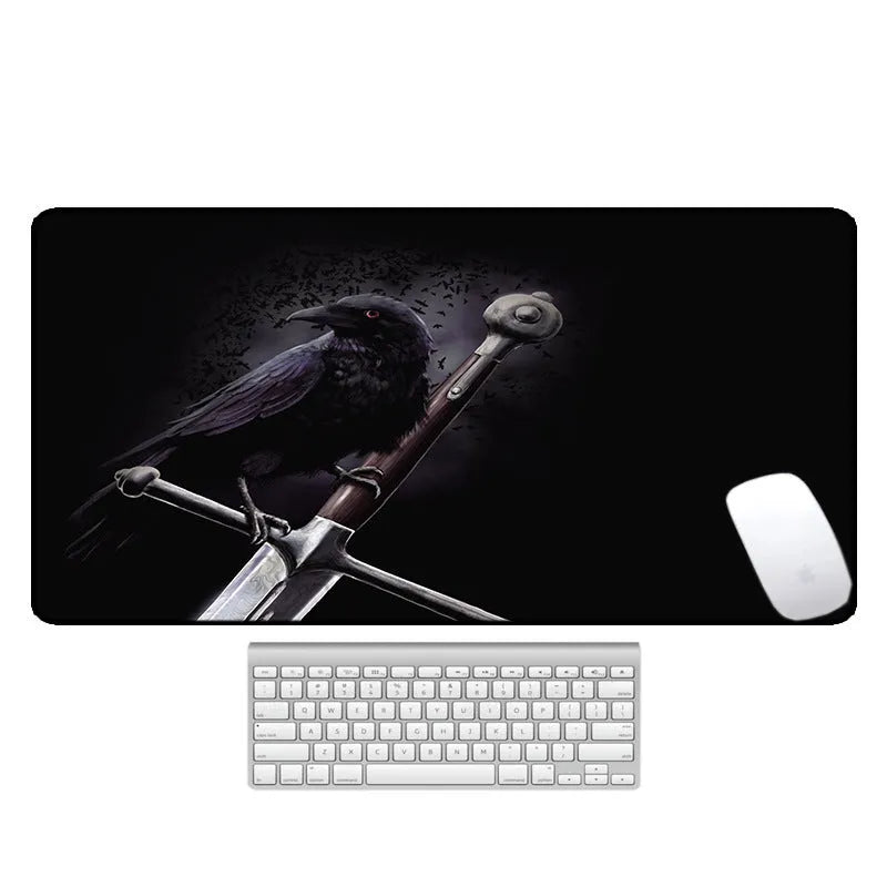 Large thermal transfer printed mouse pad with natural rubber non-slip base on a desk.